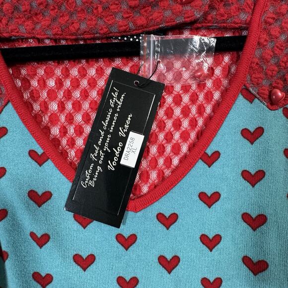 Voodoo Vixen XL NWT Aqua Red Heart Print Retro Pinup Dress Pockets - Picture 5 of 12